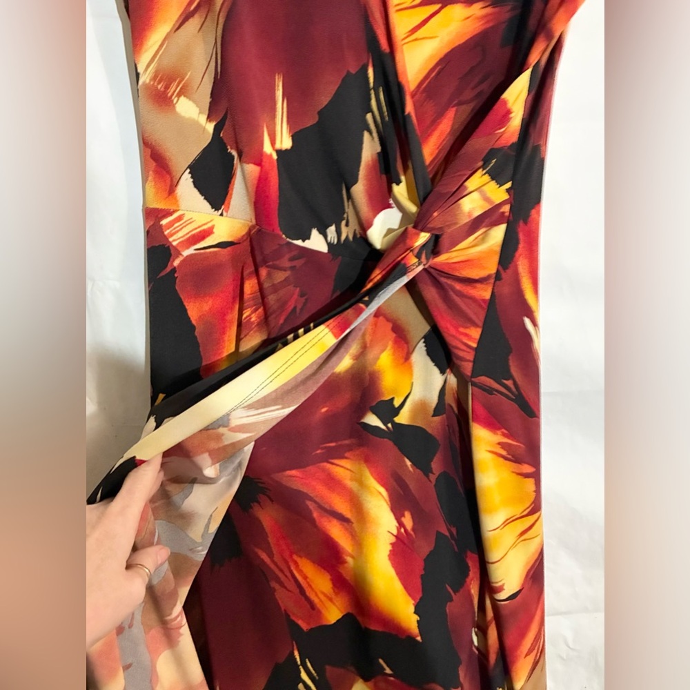 Cache Sunset 90s Y2K Dress Sz L faux Wrap Art to Wear Fitted Spandex Stretchy - Picture 7 of 8